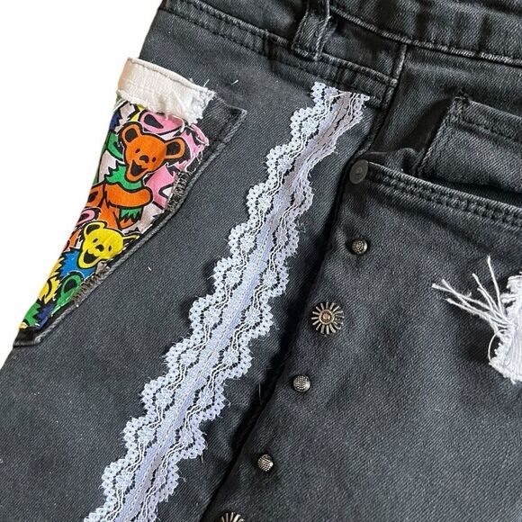 Upcycled Skinny Jeans Dark Wash Reworked Grunge Concert Grateful Dead Bears 28 - Picture 8 of 13